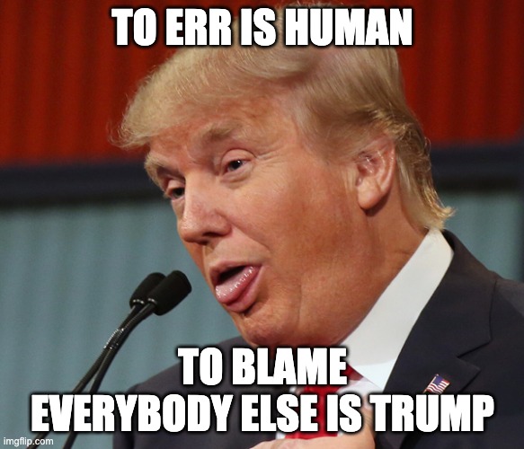 Trump idiot | TO ERR IS HUMAN; TO BLAME EVERYBODY ELSE IS TRUMP | image tagged in trump idiot,blame | made w/ Imgflip meme maker