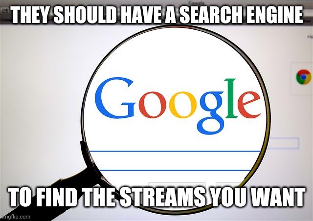 Google search | THEY SHOULD HAVE A SEARCH ENGINE TO FIND THE STREAMS YOU WANT | image tagged in google search | made w/ Imgflip meme maker