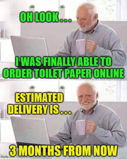 Hide the Back Order Pain Harold | OH LOOK . . . I WAS FINALLY ABLE TO ORDER TOILET PAPER ONLINE; ESTIMATED DELIVERY IS . . . 3 MONTHS FROM NOW | image tagged in memes,hide the pain harold,no more toilet paper,aint nobody got time for that,darkside,first world problems | made w/ Imgflip meme maker