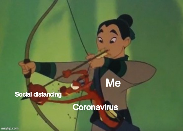 new template! invest! | Me; Social distancing; Coronavirus | image tagged in mushu spearing an arrow,coronavirus,social distancing | made w/ Imgflip meme maker