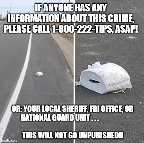 PLEASE CALL THE TIP LINE WITH ANY INFORMATION! | IF ANYONE HAS ANY INFORMATION ABOUT THIS CRIME, PLEASE CALL 1-800-222-TIPS, ASAP! OR: YOUR LOCAL SHERIFF, FBI OFFICE, OR NATIONAL GUARD UNIT . . .                                                                                      
THIS WILL NOT GO UNPUNISHED!! | image tagged in coronavirus | made w/ Imgflip meme maker