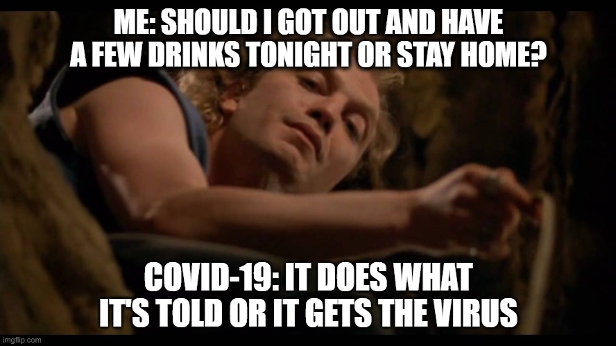 Coronavirus | ME: SHOULD I GOT OUT AND HAVE A FEW DRINKS TONIGHT OR STAY HOME? COVID-19: IT DOES WHAT IT'S TOLD OR IT GETS THE VIRUS | image tagged in coronavirus | made w/ Imgflip meme maker