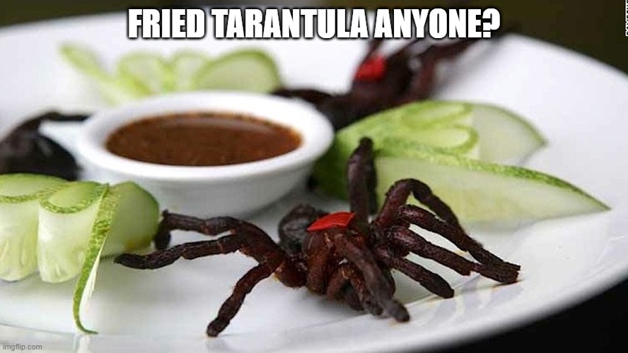 Spider Food | FRIED TARANTULA ANYONE? | image tagged in food | made w/ Imgflip meme maker