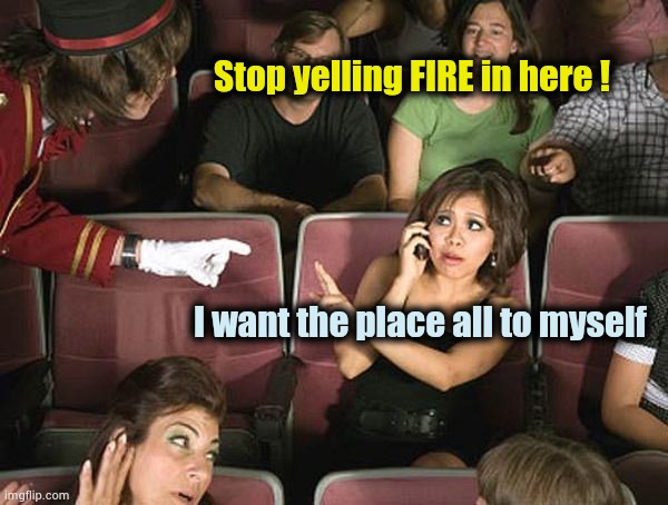 Phone in Theatre | Stop yelling FIRE in here ! I want the place all to myself | image tagged in phone in theatre | made w/ Imgflip meme maker