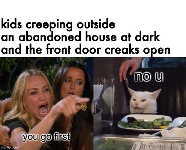 Woman Yelling At Cat Meme | kids creeping outside an abandoned house at dark and the front door creaks open; no u; you go first | image tagged in memes,woman yelling at cat | made w/ Imgflip meme maker
