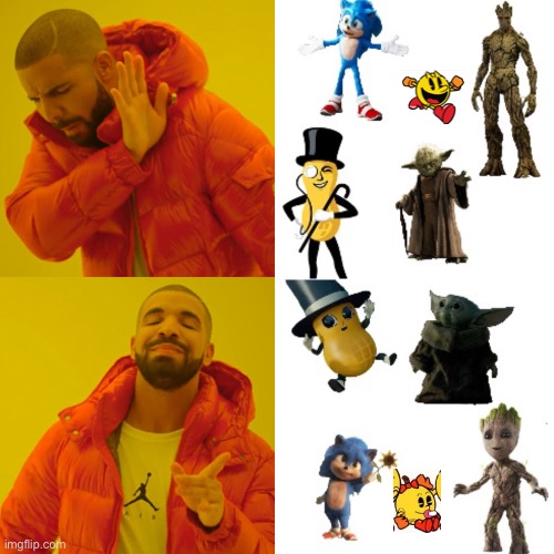 Baby characters vs normal characters (my version) | image tagged in drake hotline bling | made w/ Imgflip meme maker