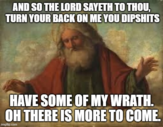 god | AND SO THE LORD SAYETH TO THOU,  TURN YOUR BACK ON ME YOU DIPSHITS; HAVE SOME OF MY WRATH.  OH THERE IS MORE TO COME. | image tagged in god | made w/ Imgflip meme maker