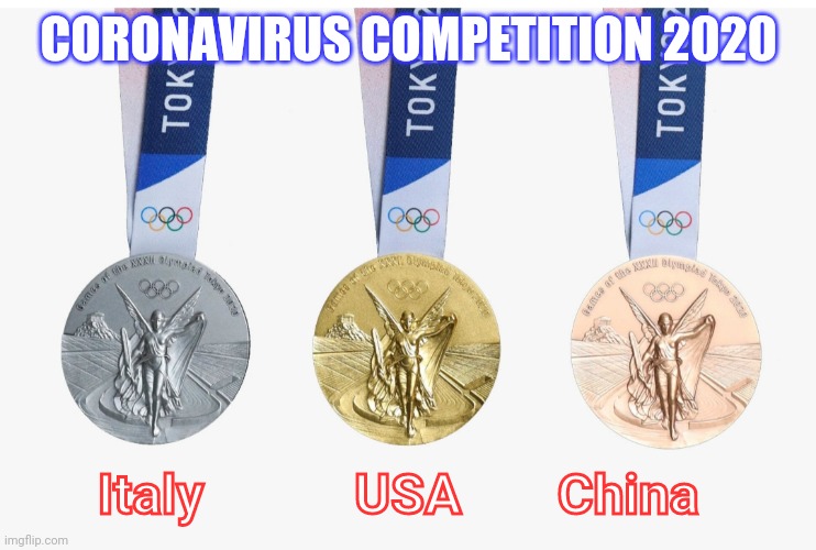 Coronavirus gold medal | CORONAVIRUS COMPETITION 2020; Italy           USA       China | image tagged in coronavirus,covid-19,pandemic,gold medal,usa | made w/ Imgflip meme maker