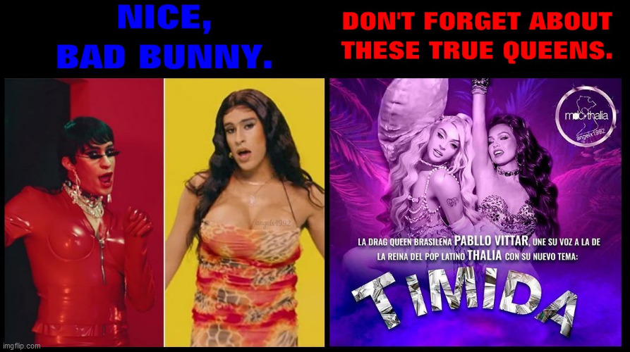image tagged in lgbtq,crossdresser,drag queens,thalia,bad bunny,gay | made w/ Imgflip meme maker