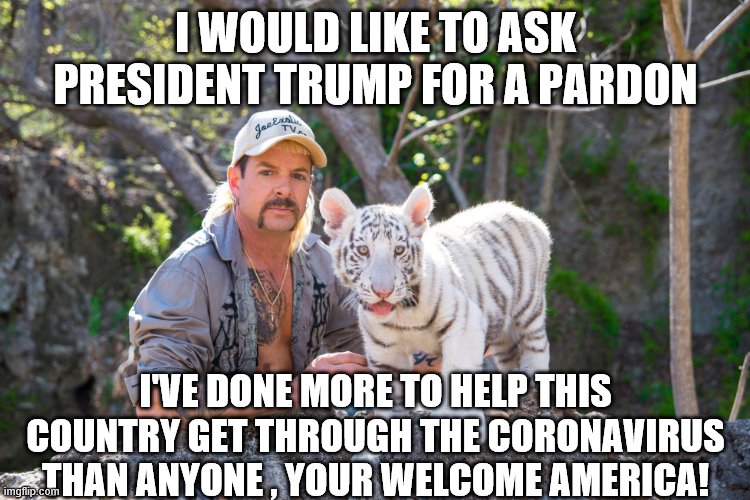 Free Joe Exotic |  I WOULD LIKE TO ASK PRESIDENT TRUMP FOR A PARDON; I'VE DONE MORE TO HELP THIS COUNTRY GET THROUGH THE CORONAVIRUS THAN ANYONE , YOUR WELCOME AMERICA! | image tagged in joe exotic,tiger king,trump,funny memes,funny | made w/ Imgflip meme maker