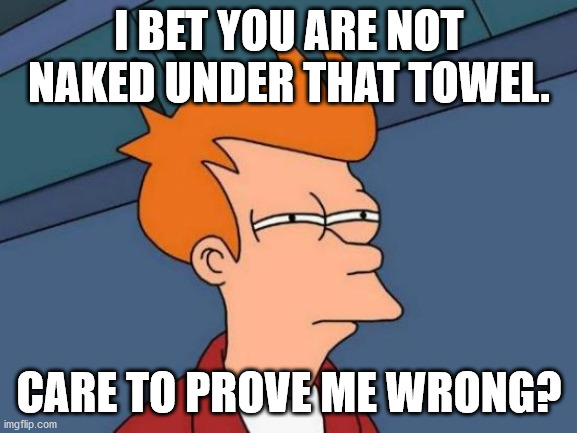 Futurama Fry Meme | I BET YOU ARE NOT NAKED UNDER THAT TOWEL. CARE TO PROVE ME WRONG? | image tagged in memes,futurama fry | made w/ Imgflip meme maker