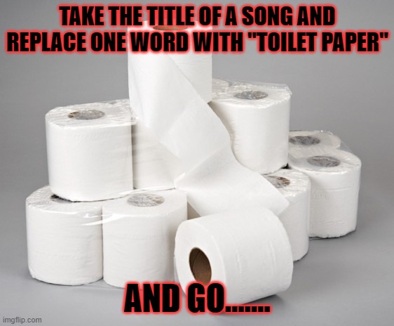 toilet paper | TAKE THE TITLE OF A SONG AND REPLACE ONE WORD WITH "TOILET PAPER"; AND GO....... | image tagged in toilet paper | made w/ Imgflip meme maker