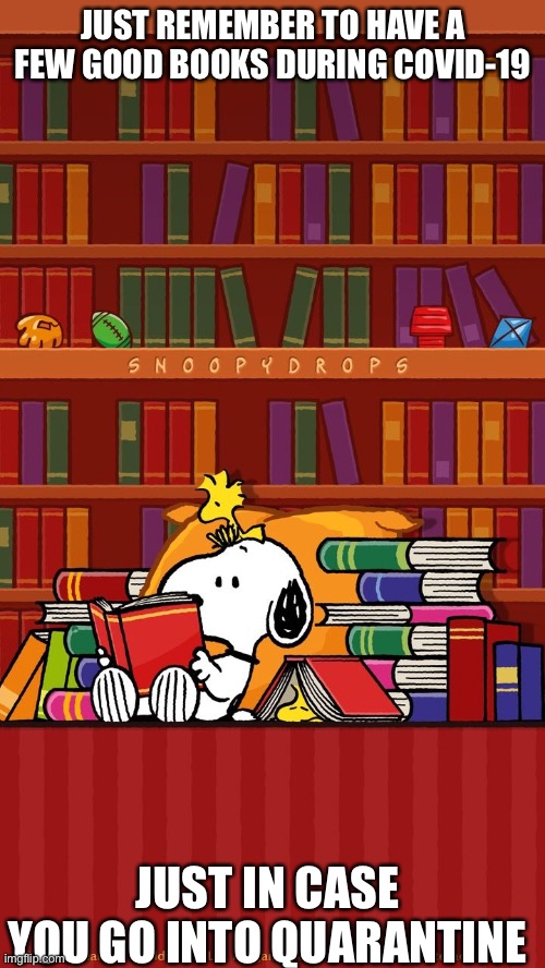 snoopy books | JUST REMEMBER TO HAVE A FEW GOOD BOOKS DURING COVID-19; JUST IN CASE YOU GO INTO QUARANTINE | image tagged in snoopy books | made w/ Imgflip meme maker