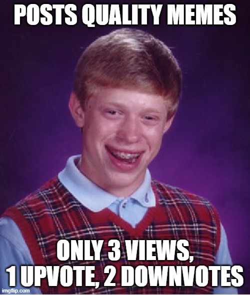 Bad Luck Brian | POSTS QUALITY MEMES; ONLY 3 VIEWS, 1 UPVOTE, 2 DOWNVOTES | image tagged in memes,bad luck brian | made w/ Imgflip meme maker
