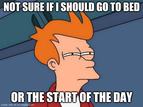 Futurama Fry Meme | NOT SURE IF I SHOULD GO TO BED; OR THE START OF THE DAY | image tagged in memes,futurama fry | made w/ Imgflip meme maker