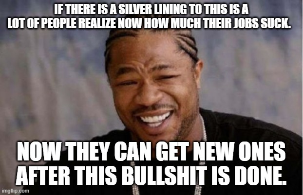 Yo Dawg Heard You Meme | IF THERE IS A SILVER LINING TO THIS IS A LOT OF PEOPLE REALIZE NOW HOW MUCH THEIR JOBS SUCK. NOW THEY CAN GET NEW ONES AFTER THIS BULLSHIT IS DONE. | image tagged in memes,yo dawg heard you | made w/ Imgflip meme maker