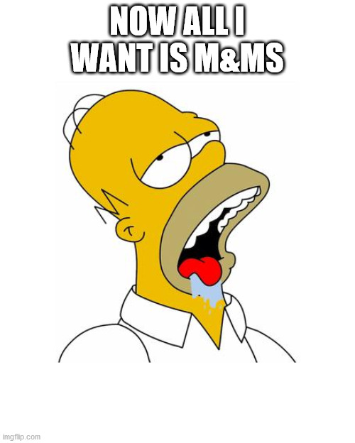 Homer Simpson Drooling | NOW ALL I WANT IS M&MS | image tagged in homer simpson drooling | made w/ Imgflip meme maker