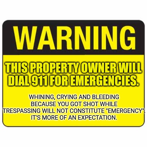 911 |  THIS PROPERTY OWNER WILL DIAL 911 FOR EMERGENCIES. WHINING, CRYING AND BLEEDING BECAUSE YOU GOT SHOT WHILE TRESPASSING WILL NOT CONSTITUTE "EMERGENCY".
IT'S MORE OF AN EXPECTATION. | image tagged in warningsign,memes,keep it real,warning,attention,signs | made w/ Imgflip meme maker