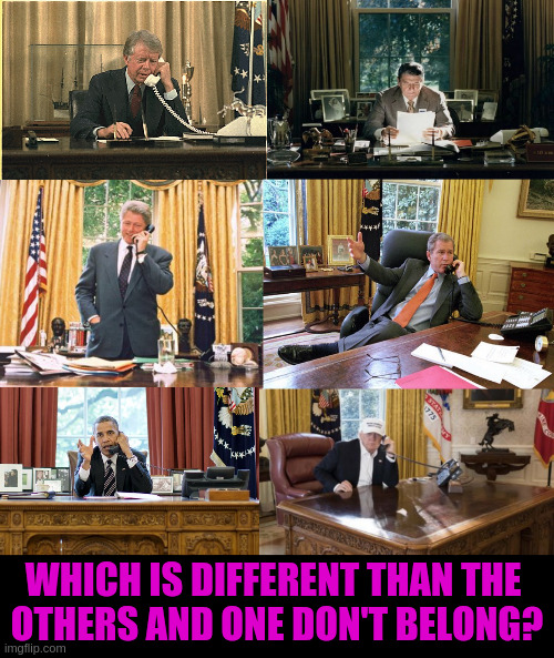 Resolute desk | WHICH IS DIFFERENT THAN THE 
OTHERS AND ONE DON'T BELONG? | image tagged in presidents | made w/ Imgflip meme maker