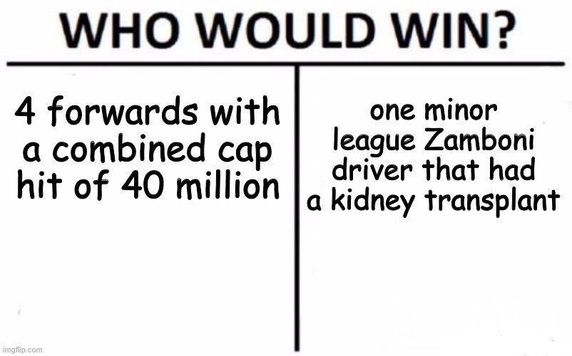 Who Would Win? | 4 forwards with a combined cap hit of 40 million; one minor league Zamboni driver that had a kidney transplant | image tagged in memes,who would win | made w/ Imgflip meme maker