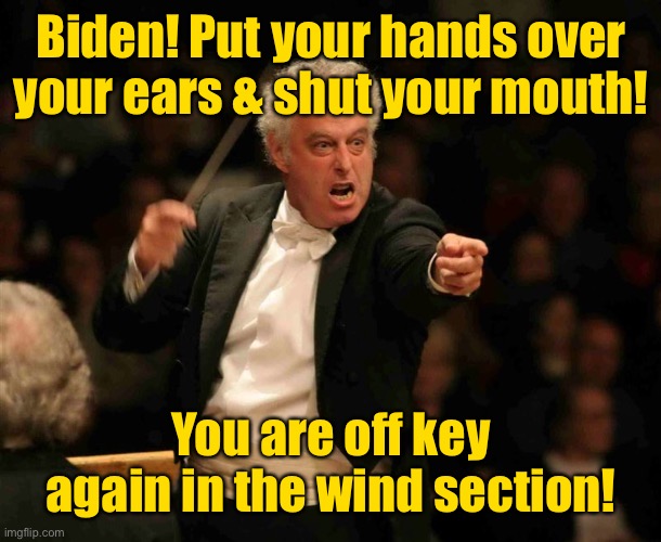 Angry Musician | Biden! Put your hands over your ears & shut your mouth! You are off key again in the wind section! | image tagged in angry musician | made w/ Imgflip meme maker