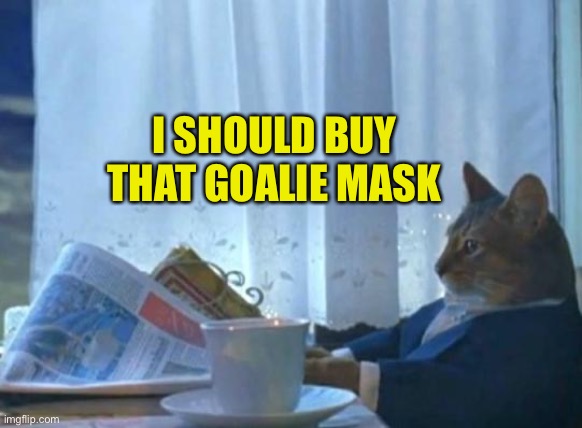 Cat newspaper | I SHOULD BUY THAT GOALIE MASK | image tagged in cat newspaper | made w/ Imgflip meme maker