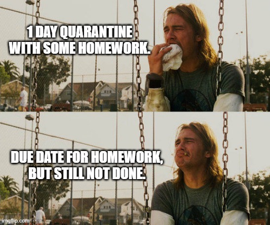 First World Stoner Problems | 1 DAY QUARANTINE WITH SOME HOMEWORK. DUE DATE FOR HOMEWORK, BUT STILL NOT DONE. | image tagged in memes,first world stoner problems | made w/ Imgflip meme maker