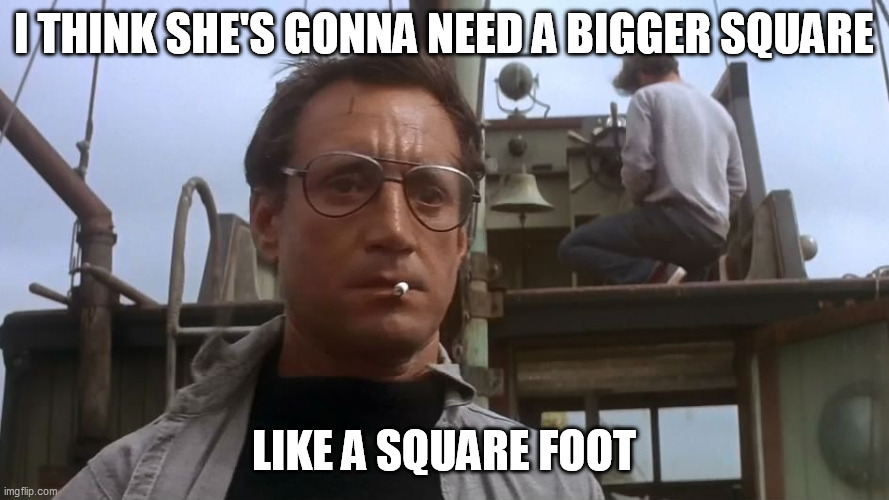 Going to need a bigger boat | I THINK SHE'S GONNA NEED A BIGGER SQUARE LIKE A SQUARE FOOT | image tagged in going to need a bigger boat | made w/ Imgflip meme maker