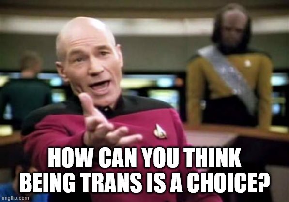 truth | HOW CAN YOU THINK BEING TRANS IS A CHOICE? | image tagged in memes,picard wtf,lgbtq,transgender,gay pride | made w/ Imgflip meme maker