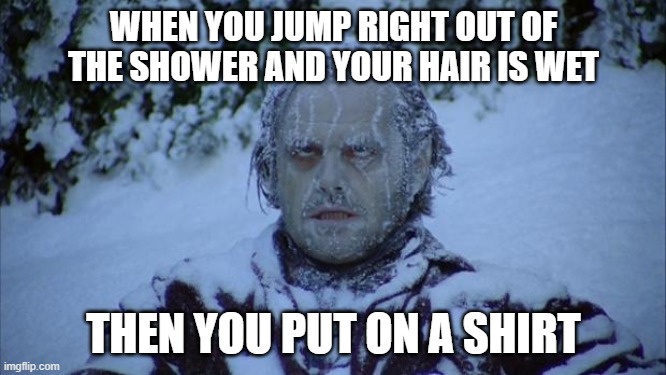 Cold | WHEN YOU JUMP RIGHT OUT OF THE SHOWER AND YOUR HAIR IS WET; THEN YOU PUT ON A SHIRT | image tagged in cold | made w/ Imgflip meme maker