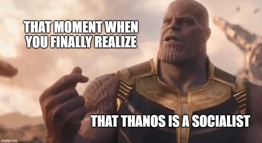 Everything Thanos stands for is socialism.  Stand aside Mao, Stalin and Hitler.  There's a new big bad in town | THAT MOMENT WHEN YOU FINALLY REALIZE; THAT THANOS IS A SOCIALIST | image tagged in thanos snap,socialism,communism | made w/ Imgflip meme maker