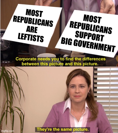 There is no real difference between these two statements, though I’d say the right is more precise and less judgmental | MOST REPUBLICANS ARE LEFTISTS MOST REPUBLICANS SUPPORT BIG GOVERNMENT | image tagged in corporate wants you to find the difference,big government,republicans,gop,government,congress | made w/ Imgflip meme maker
