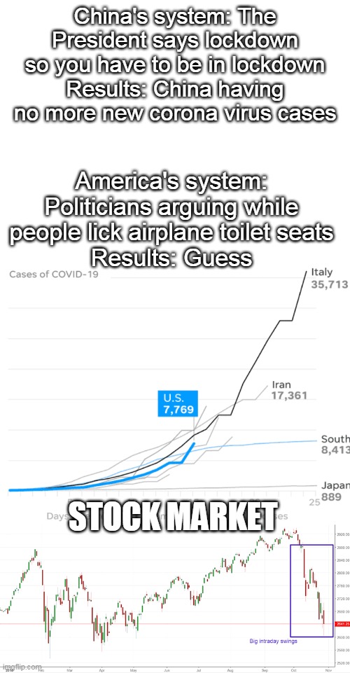 China's system: The President says lockdown so you have to be in lockdown
Results: China having no more new corona virus cases; America's system: Politicians arguing while people lick airplane toilet seats
Results: Guess; STOCK MARKET | image tagged in blank white template | made w/ Imgflip meme maker