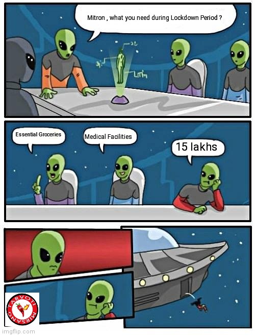 Alien Meeting Suggestion Meme | Mitron , what you need during Lockdown Period ? Essential Groceries; Medical Facilities; 15 lakhs | image tagged in memes,alien meeting suggestion | made w/ Imgflip meme maker