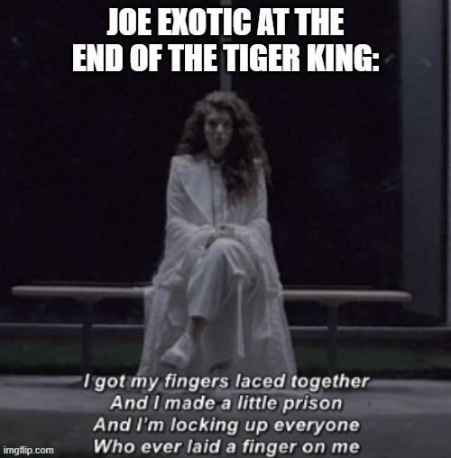 Joe Exotic at the end of The Tiger King | image tagged in joe exotic,lorde,yellow flicker beat,song reference,the tiger king,netflix | made w/ Imgflip meme maker