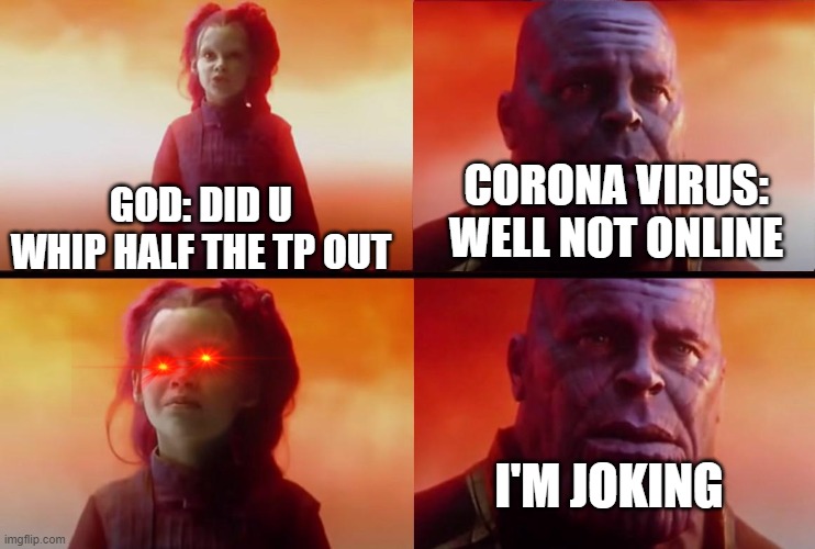 thanos what did it cost | CORONA VIRUS: WELL NOT ONLINE; GOD: DID U WHIP HALF THE TP OUT; I'M JOKING | image tagged in thanos what did it cost | made w/ Imgflip meme maker