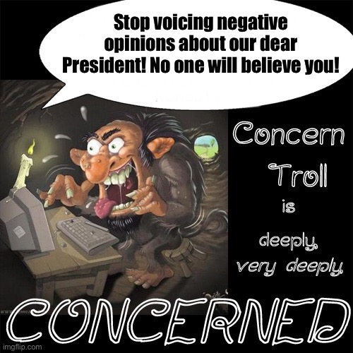 Concern Troll | Stop voicing negative opinions about our dear President! No one will believe you! | image tagged in concern troll | made w/ Imgflip meme maker