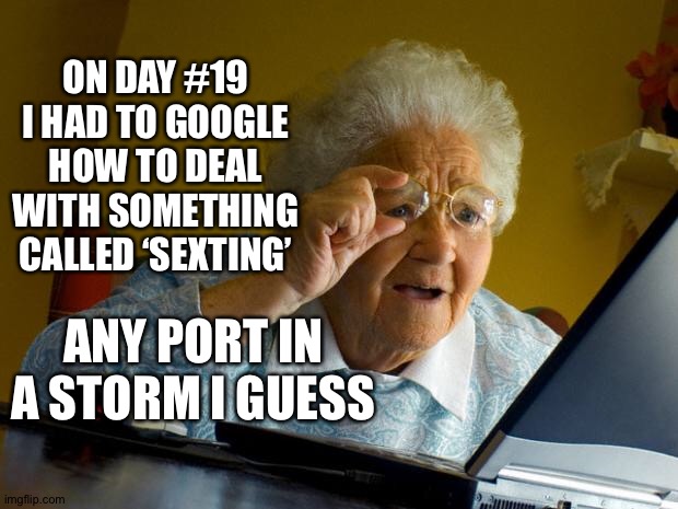 Old lady at computer finds the Internet | ON DAY #19
I HAD TO GOOGLE HOW TO DEAL WITH SOMETHING CALLED ‘SEXTING’; ANY PORT IN A STORM I GUESS | image tagged in old lady at computer finds the internet | made w/ Imgflip meme maker