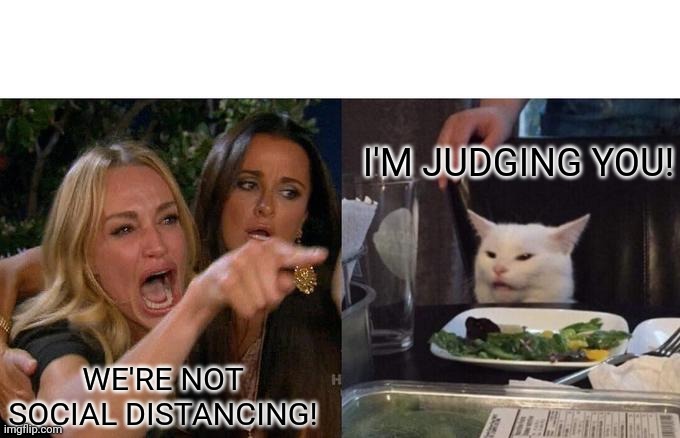 Woman Yelling At Cat Meme | I'M JUDGING YOU! WE'RE NOT SOCIAL DISTANCING! | image tagged in memes,woman yelling at cat | made w/ Imgflip meme maker
