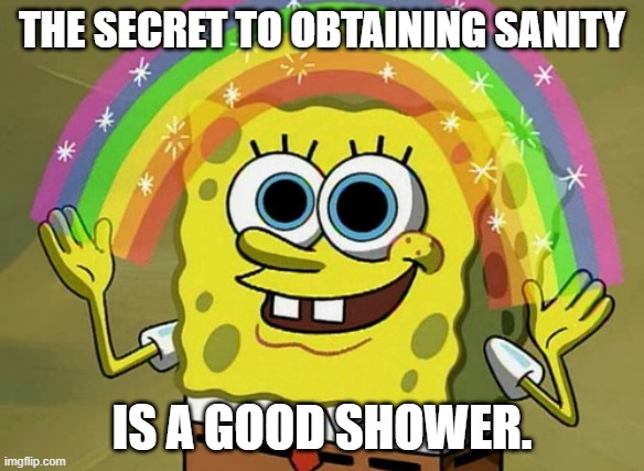 Imagination Spongebob Meme | THE SECRET TO OBTAINING SANITY; IS A GOOD SHOWER. | image tagged in memes,imagination spongebob | made w/ Imgflip meme maker