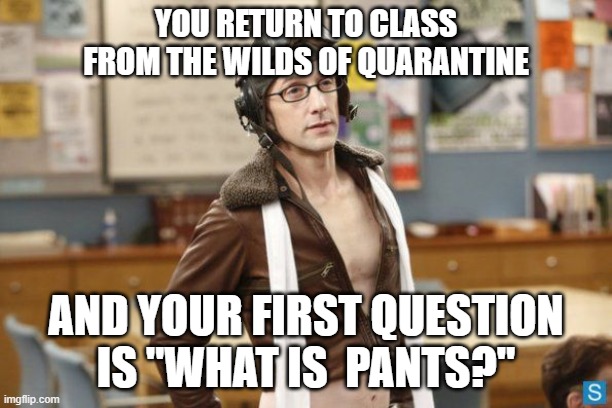 what is pants | YOU RETURN TO CLASS FROM THE WILDS OF QUARANTINE; AND YOUR FIRST QUESTION IS "WHAT IS  PANTS?" | image tagged in quarantine | made w/ Imgflip meme maker