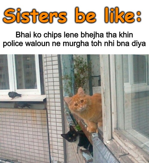 Sisters be like:; Bhai ko chips lene bhejha tha khin police waloun ne murgha toh nhi bna diya | image tagged in funny memes | made w/ Imgflip meme maker