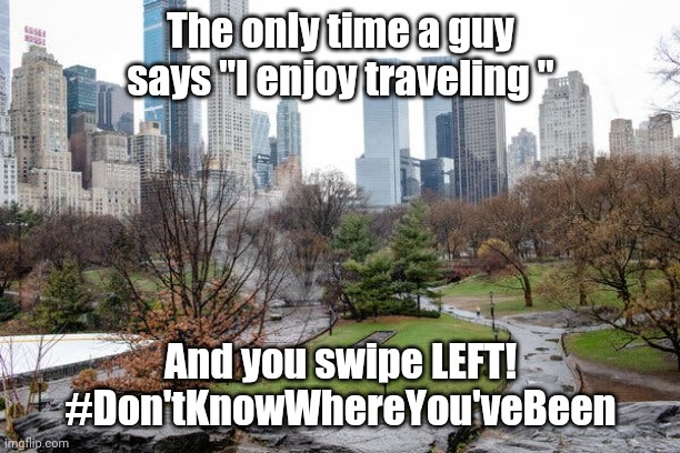 The only time a guy says "I enjoy traveling "; And you swipe LEFT! #Don'tKnowWhereYou'veBeen | image tagged in travel ban | made w/ Imgflip meme maker