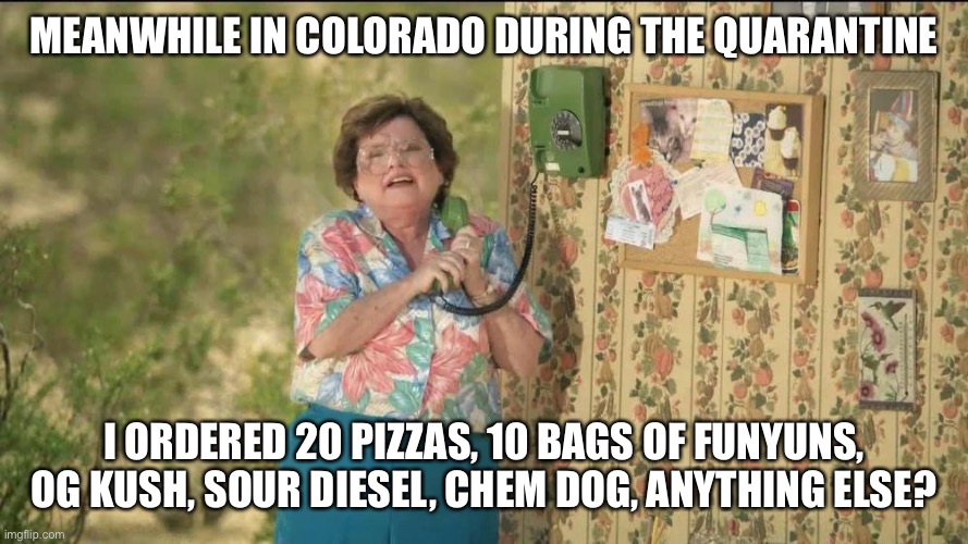 6 Callers Ahead of Us, Jimmy State Farm Grandma | MEANWHILE IN COLORADO DURING THE QUARANTINE; I ORDERED 20 PIZZAS, 10 BAGS OF FUNYUNS, OG KUSH, SOUR DIESEL, CHEM DOG, ANYTHING ELSE? | image tagged in 6 callers ahead of us jimmy state farm grandma | made w/ Imgflip meme maker