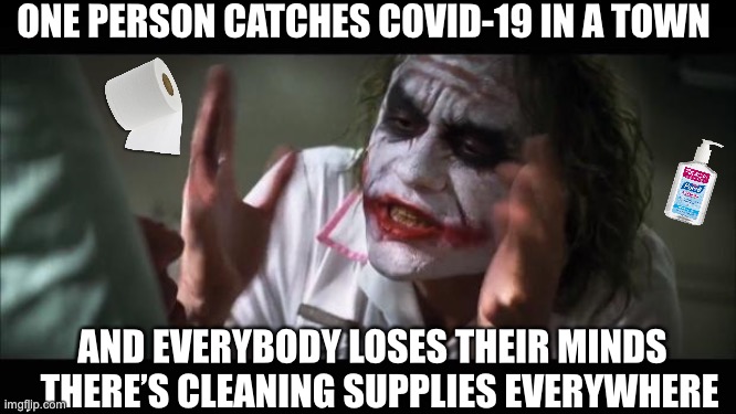 And everybody loses their minds | ONE PERSON CATCHES COVID-19 IN A TOWN; AND EVERYBODY LOSES THEIR MINDS , THERE’S CLEANING SUPPLIES EVERYWHERE | image tagged in memes,and everybody loses their minds | made w/ Imgflip meme maker