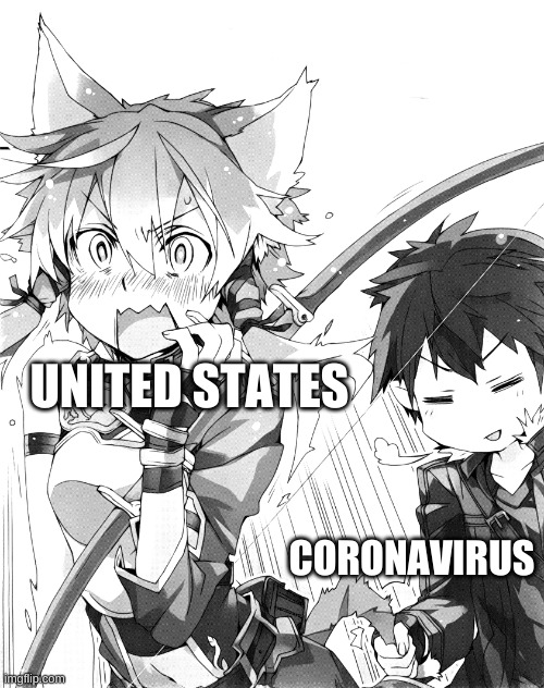 Kirito pulling tail | UNITED STATES; CORONAVIRUS | image tagged in kirito pulling tail | made w/ Imgflip meme maker