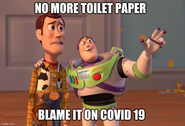 nomore toilet paper curse Covid 19 | NO MORE TOILET PAPER; BLAME IT ON COVID 19 | image tagged in memes,x x everywhere | made w/ Imgflip meme maker