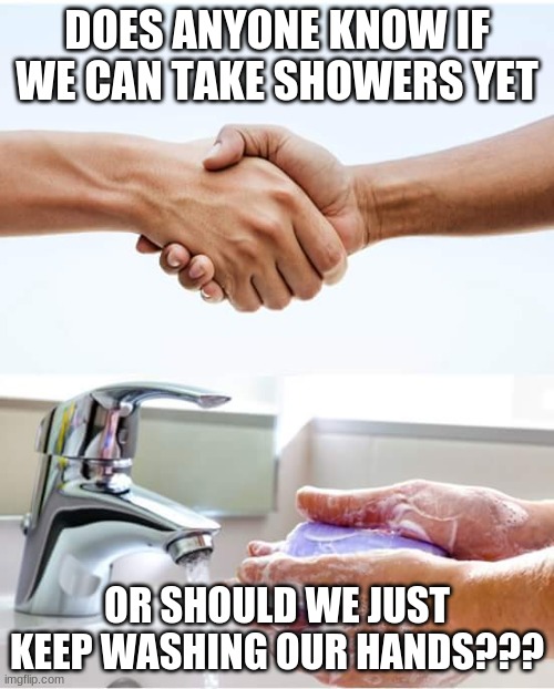 Shake and wash hands | DOES ANYONE KNOW IF WE CAN TAKE SHOWERS YET; OR SHOULD WE JUST KEEP WASHING OUR HANDS??? | image tagged in shake and wash hands | made w/ Imgflip meme maker