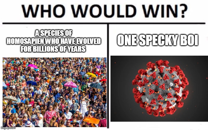 Who Would Win? | A SPECIES OF HOMOSAPIEN WHO HAVE EVOLVED FOR BILLIONS OF YEARS; ONE SPECKY BOI | image tagged in memes,who would win | made w/ Imgflip meme maker