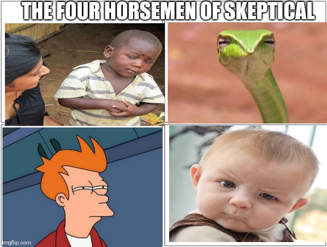 Blank Comic Panel 2x2 | THE FOUR HORSEMEN OF SKEPTICAL | image tagged in memes,blank comic panel 2x2 | made w/ Imgflip meme maker